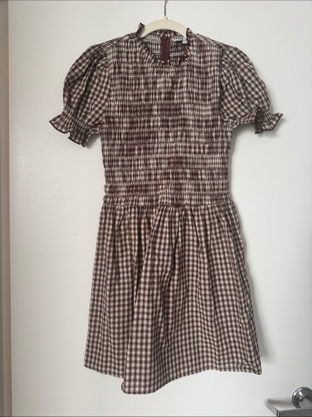 RIHOAS Brown Gingham Smocked Casual Dress - New Never Worn
